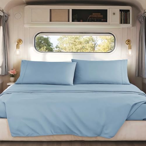 Image of Nestl Stone Blue Short Queen Sheets for RV, Hotel Luxury RV Queen Sheets Set, 4 Piece Fitted Bed Sheet Set and Pillowcases, Super Soft, Wrinkle-Free, and Breathable Camper Bedding