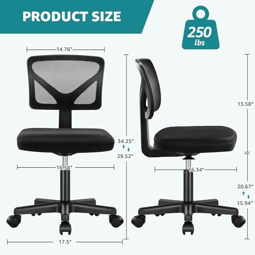 Image of OLIXIS Armless Office Chair, Ergonomic Desk Chair with Wheels, Mesh Back, Removable Washable Foam Cushion, Height Adjustable Rolling Swivel Chairs for Small Space, Home, Office, Black