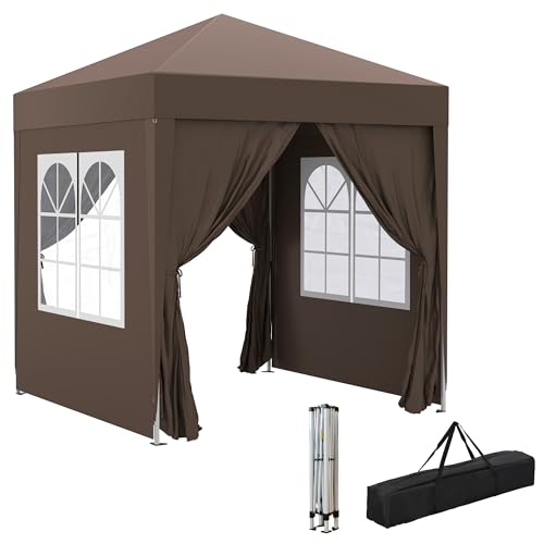 Outsunny Pavillon 2x2m Wasserdicht, Pop-up Faltpavillon mit 4 Seitenwänden, Abflusslöcher Fenster, faltbar Partyzelt UV 30+, Gartenzelt mit Tragetasche, Gartenpavillon für Terrasse, Braun