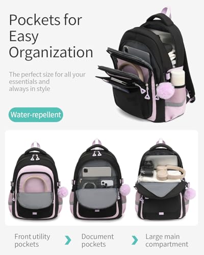 Image of School Backpack for Teen Girls, Large Capacity Laptop Bag for High School Middle School Elementary, Aesthetic Bookbag College Women, Black Purple