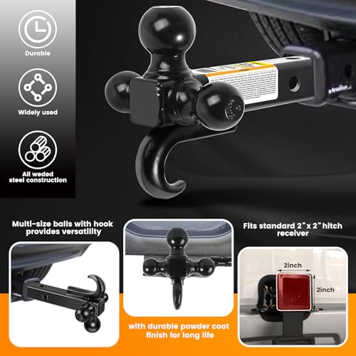 Image of MaxxHaul Triple Ball Mount Hitch with Tow Hook, Fits 2 inch Receiver - 1-7 /8 inch, 2 inch, 2-5 /16 inch Welded Hitch Balls, Class III /IV, 10,000 lb GTW, Heavy-Duty Powder-Coated Steel - 50231