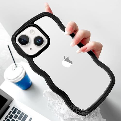 Image of MIDOS Back Cover Compatible with iPhone 14 Plus, Cute Curly Wave Frame Clear Case for Girls Women, Transparent Soft Silicone TPU Bumper Shockproof Protective Cover for iPhone 14 Plus (Black)