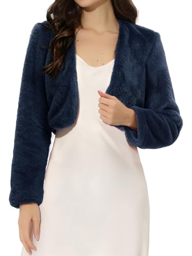 Image of Allegra K Formal Bolero for Women's Evening Dressy Faux Fur Shrug Jacket Large Navy Blue