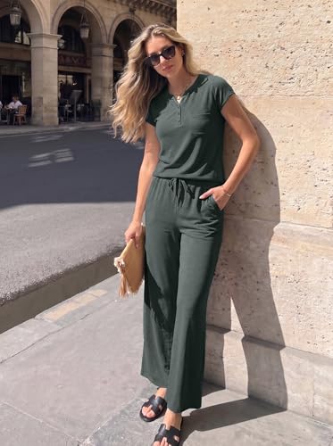 Casly Lamiit Two Piece Set for Women Summer Comfiest Airport Outfits Button V Neck Short Sleeve Wide Leg Crop Pants Lounge Sets Dark Grey S — view 2