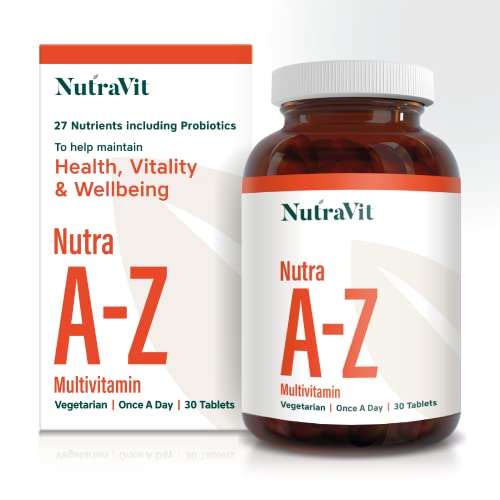 Nutra A-Z| Vegetarian Multivitamins & Minerals - 30 Tablets| 27 Nutrients Including probiotics| Men & Woman Multivitamins - by NutraVit