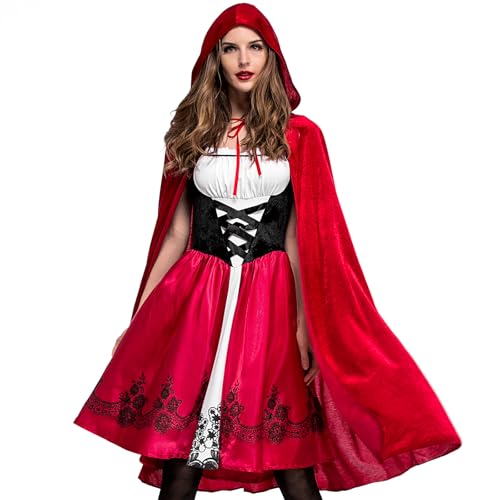 DECEED 2 PCS Little Red Riding Hood Costume for Women, Dress with Cape Christmas Halloween Cosplay Parties Adult Role Playing (L)