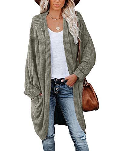 MEROKEETY Women's Waffle Knit Batwing Long Sleeve Cardigan Loose Open Front Sweater Coat, Olive, XL