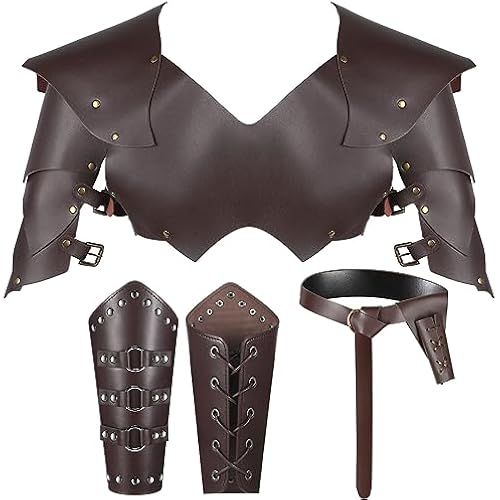 Suhine 5 Pcs Medieval Armor Shoulder Leather Belt Sheath Guards Set | Knight Costume for Men Halloween, Adjustable Leg Bracers with Rivets, Includes Pauldrons Sword Holder