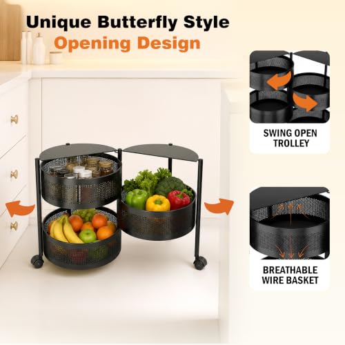 Image of JD FRESH 3 Tier Metal Rotating Kitchen Trolley /360-Degree Rotating Wheels with Expandable Side Opening Design /Movable Butterfly Trolley and Storage Shelf for Kitchen, Livingroom or Bathroom (Black)