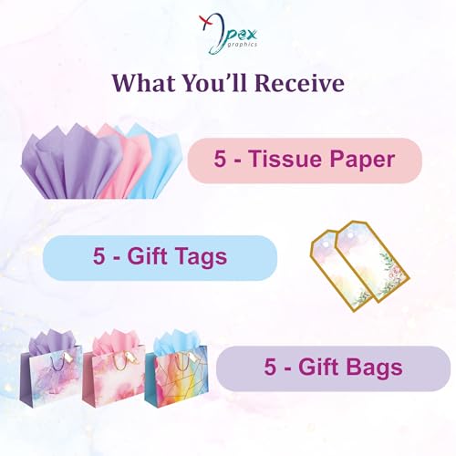 Image of Gift Bags Large size - Paper Bags for Gifting - Return gift bags for kids birthday - Carry Bags with Tissue and Tag - Paper Bags for Gift Packing - - Pack of 5-14 x 10.5 x 4 Inch (Pink Purple Blue)