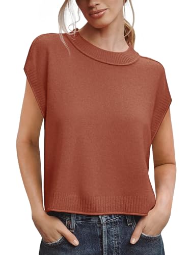Saodimallsu Womens Cap Short Sleeve Sweater Vest Summer Casual Crew Neck Loose Knit Lightweight Pullover Tank Tops