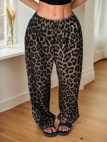 Womens Leopard Print Pants Drawstring Elastic Waist Straight Leg Lounge Pants Y2K Cheetah Pajama Trousers with Pockets4