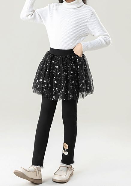 Girls Warm Fleece Lined Skirt Leggings Star & Snowflake Net Skirt Smile Embroidery Cotton Spandex Tights Pants 2-10 Years3