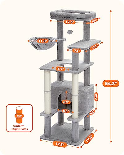 PEQULTI 54 Inches Multi-Level Cat Tree Cat Tower for Large Cats with Sisal-Covered Scratching Post, Cozy Cat Condo, Cat Hammock and Wide Top Perch for Indoor Cats Grey - Thumbnail 5