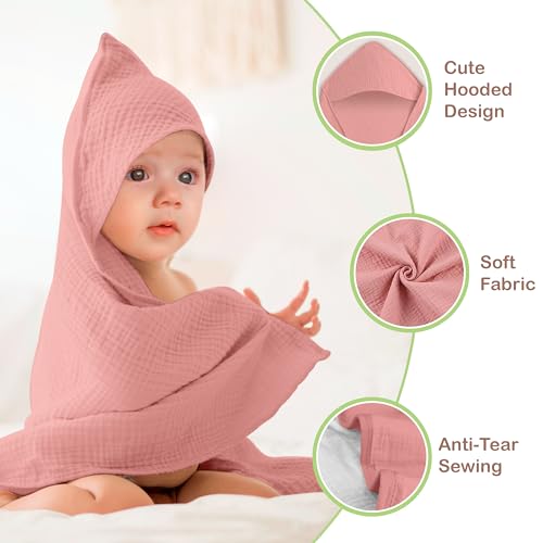 Image of 100% Organic Cotton Muslin Baby Hooded Towel, 32x32 in, Rose & Peach, 2 Pack, Soft Absorbent 4-Layer Hooded Bath Towel for Baby Girls, Newborns, Infants, Toddlers, Oeko-TEX
