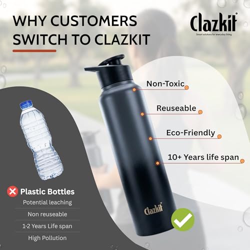 Image of Clazkit Dual Colored Stainless Steel Water Bottle |ISI Certified Leakproof,Durable for School Kids, Fridge, Sports, Gym, Yoga & Office - Easy to Clean & Reusable-1000ml - Set of 3 -Black