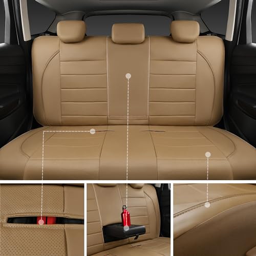 Image of CAR PASS Piping Leather Seat Cover,Universal FIT with Composite Sponge Inside,Airbag Compatible and Reserved Opening Holes,Inside zipper for Cars,Sedan,SUV,Truck(Full Set,Beige with Tan Piping-Stripe)