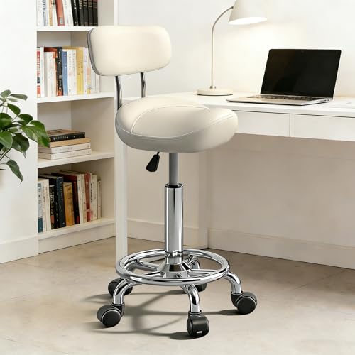 Timbertouch Saddle Stool with Back and Ring Pedal, Adjustable Hydraulic Rolling Chair with Wheels for Salon, Spa, Medical, Massage & Drafting Use White