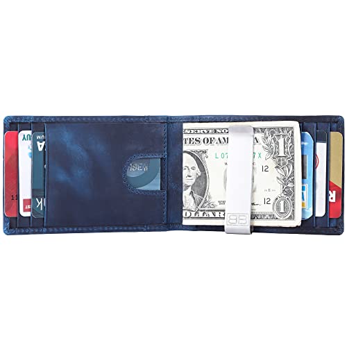 Image of Brooklyn Bridge Genuine Leather Money Clip Wallet for Men Crazy Horse Blue - Premium Slim RFID Protected Wallet with Cash Clip & Multiple Card Slots, Stylish Front Pocket Design, Gift for Men