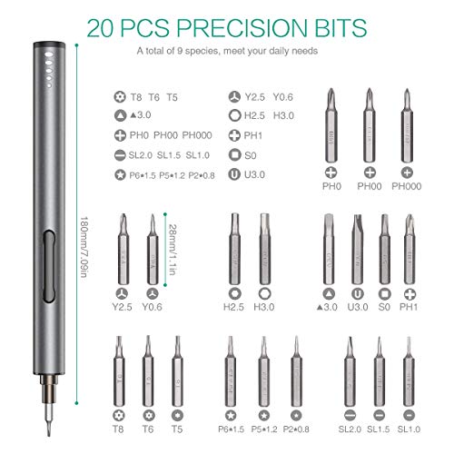 ORIA Electric Screwdriver, 22 in 1 Portable Repair Tools Kit with 20 Bits, Rechargeable Mini Electric Screwdriver with USB Charging, 3 LED Light, Magnetizer for Smartphones, Watches, Toys, Computers