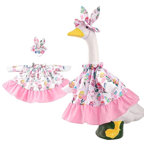 OCOUYVD Easter Goose Outfit for Porch Goose - Bunny Ears & Floral Egg Print Dress - 23 Inch Cement Plastic Goose Statue Costume for Outdoor Lawn Patio Decor - Spring Holiday Porch Art Decoration