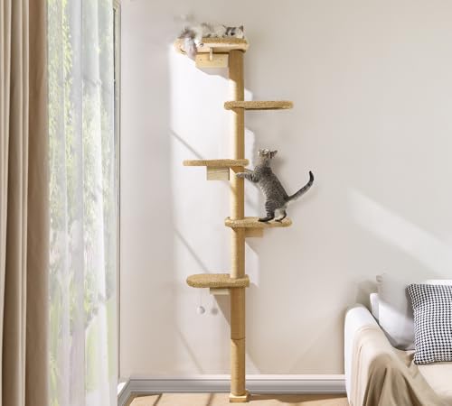 Wandmontierter Kratzenbaum Hoch 210cm, Katzenkratzbaum Wand 5 Etagen aus Natürliches Holz mit Sanftem Braunem Plüschstoff, Kratzbaum für Katzen zum...