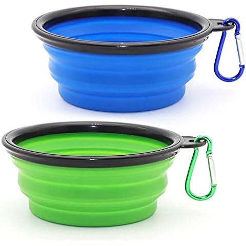 SLSON Collapsible Dog Bowl, 2 Pack Portable Feeder for Dog Pet Food Water Bowl for Dog Cat Expandable Pet Feeding Bowl with Hook for Traveling Camping and Home Use (Blue+Green) Cover