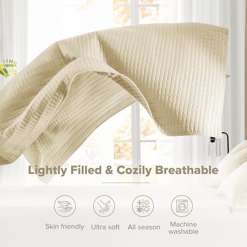 Comfort Spaces Kienna Quilt Set- Double Sided Stitching Design Summer Blanket, Lightweight, Soft, All Season Bedding Layer, Matching Sham, Ivory, Coverlet King (104"x90") 3 Piece