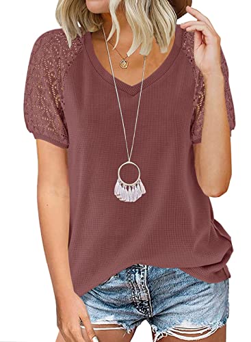 MEROKEETY Women's Summer Lace Puff Sleeve Shirt Tops Loose Fitting Trendy Ladies Tops Marron