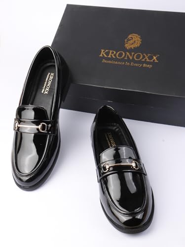 Image of Men's Black Patent Loafers | Glossy Slip-On Dress Shoes with Gold Horsebit Detail | Memory Foam Comfort for Tuxedo, Wedding, & Formal Wear | The Executive Series