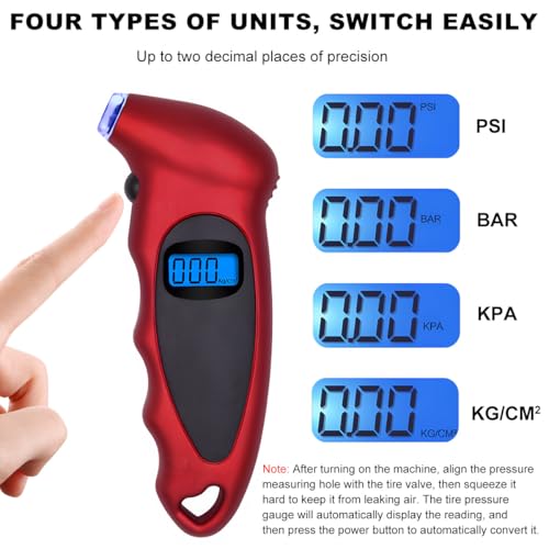 Image of KVAEY Digital Tire Pressure Gauge, 150 PSI 4 Settings Accurate Tire Gauge with Non-Slip Grip, Backlight LCD Tire Pressure Gauge Reader Checker Tool for Car Truck Bicycle Motorcycle (Red)