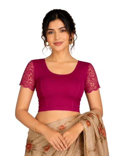 Image of Abhi Cotton Readymade Saree Blouse for Women- Half Net Sleeves, Round Neck, Regular-fit, Stretchable, Pull-on Style Blouse