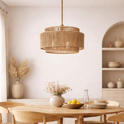 Voltico Rattan Lampshade Pendant Light Shade 32cm Handwoven Wicker Ceiling Shade Boho Natural Rope Dome Lampshade for Living Room Bedroom Dining Room Easy Fit
