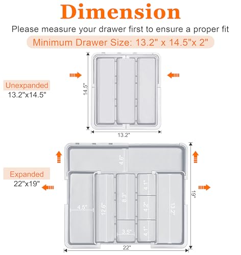 Large Utensil Drawer Organizer Expandable Silverware Organizer for Kitchen Drawer Adjustable Cooking Utensil Holder Cutlery Flatware Tray Spatula Tools Gadgets Storage Dividers Plastic Grey