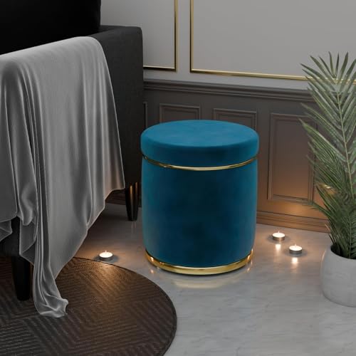 Velvet Round Dual Strip Ottoman Office Stool Foot Rest Stool Linen Fabric Padded Seat Pouf Ottoman with Round Shape for Living Room (Aqua)
