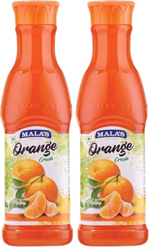 Image of Mala's Mala Orange Crush Fruit Drink - 1 Litre Bottle, 1000 G, No Preservatives (Pack of 2)