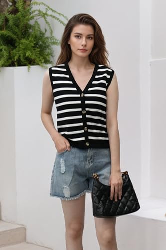 Image of Women's Striped Sweater Vest V-Neck, Fall 2025 Lightweight Cotton 100%, Vintage Button Cardigan Style Layering Staple for Turtlenecks & Jeans 18 Black S