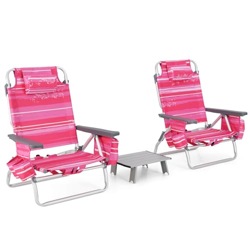 Image of Tangkula Backpack Beach Chair with Table, 5-Position Lay Flat Beach Chairs with Cooler Bag, 2 Cup Holders, Towel Bar, Lightweight Low Folding Beach Chair with Backpack Straps