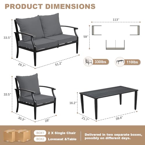 Image of 4-Piece Patio Furniture Set, Wider Outdoor Metal Seating Sofa with High Back & Lovsest, Coffee Table, All Weather Conversation for Backyard, Poolside, Deck-Grey