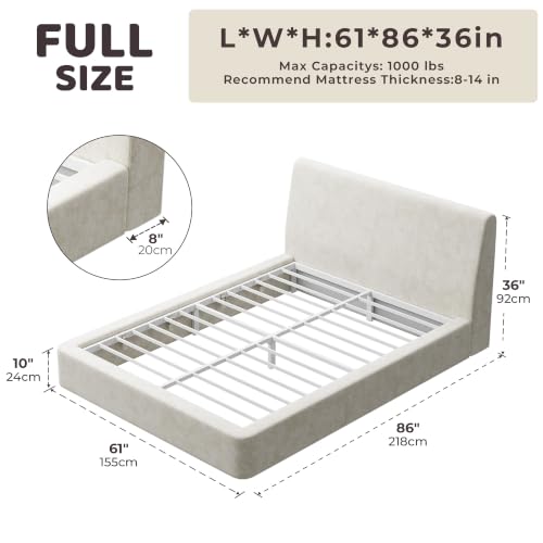 Image of RECCI AirFrame Full Size Bed Frame with Ergonomic Angled Headboard, 360 Cushioned Platform Bed Frame, Low Profile Minimalist Soft-Frame Bed, No Box Spring Needed, Easy Assembly, Beige Chenille