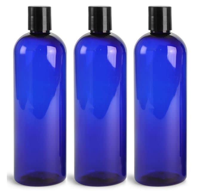 MountainLeaf 3 Pack 16 oz Plastic Empty Bottles with Black Press Disc Caps for Shampoo, Lotion, Hand Sanitizer, Dish Soap Etc., Refillable, BPA Free, Made in U.S.A (Blue bottle)
