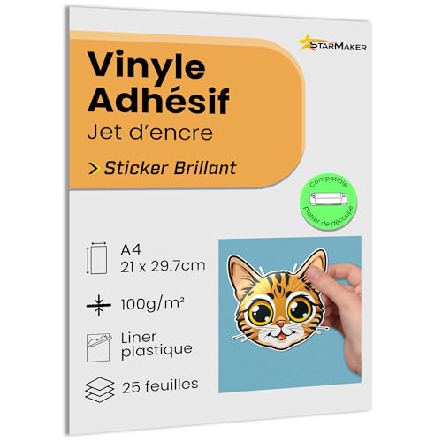 25 Blatt A4 Glänzende Vinyl-Aufkleberfolie mit Kunststoff-Liner - Bedruckbares Selbstklebepapier für Inkjet-Drucker, Wasserfest & Haltbar - Ideal für Premium-Sticker