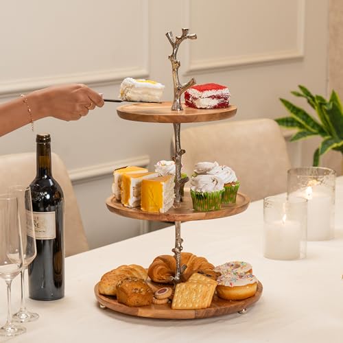 Image of Treat Tree Three-Tier Multipurpose Serveware - Acacia Wood with Iron Handle & Metal Base - Serving Stand for Snacks, Desserts & Table Display (13x13x21 inches)