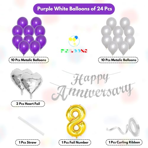 Image of Flyloons 8th Happy Anniversary Decoration Items Purple for Men Women Husband Wife Mom Dad Parent Couple Home Bedroom Car With 20 Pcs Metallic Balloons Anniversary Banner 2 Pcs Heart Set Kit