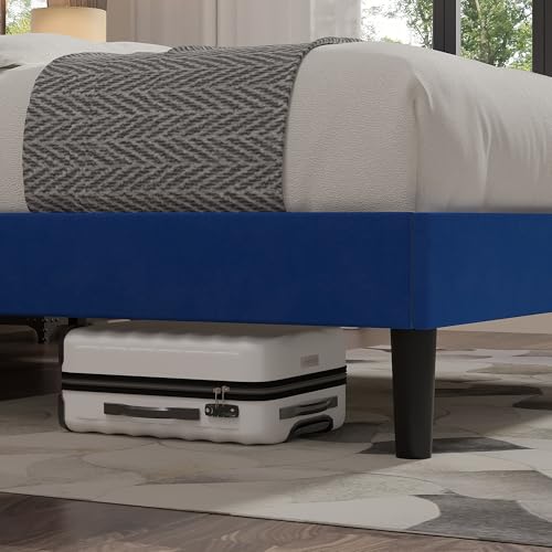 Image of VECELO Queen Size Bed Frame with Upholstered Headboard, Velvet Platform Bedframe Mattress Foundation, Strong Wood Slat Support, No Box Spring Needed,Blue
