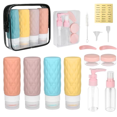 YoHyien 16 Piezas Botes Viaje Rellenables 100ml, Juego de Botellas Viaje Silicona, Envases para Viajar en Avion a Prueba de Fugas, Frascos sin BPA, Kit Higiene para Champu, Gel, Crema, y Loción