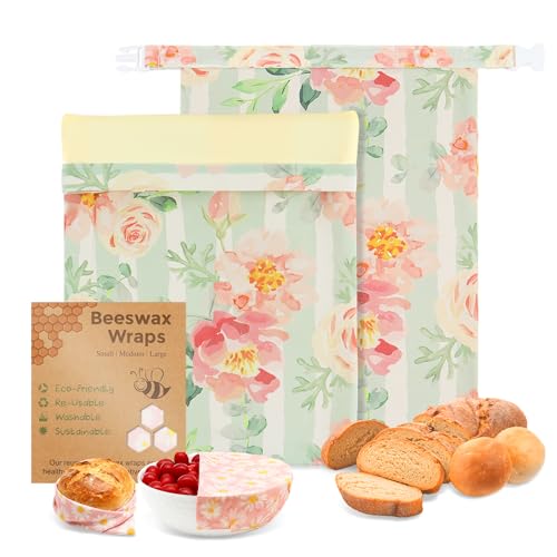 2 Pack Reusable Beeswax Bread Bags with 2 Wraps, 100% Premium Cotton Bread Storage for Homemade Bread, Keeps Sourdough & Baguettes Fresher, Easy Clean Kitchen & Travel Use