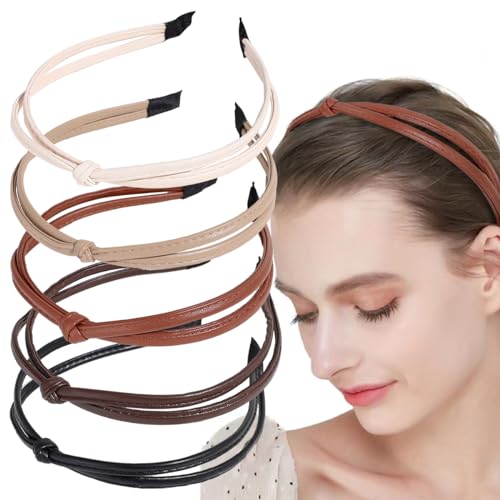 Hulyfw 5Pcs Knotted Headbands, Non-Slip PU Leather Fashion Cute Hair Accessories for Women and Girls (G016)