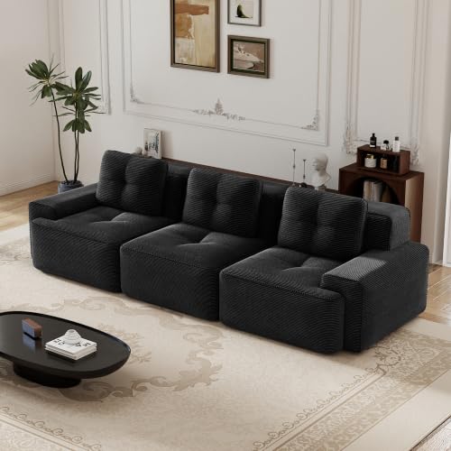 Image of 117 inch Oversized 3 Seater Modular Boneless Couch, Durable Corduroy Fabric, Deep Seat Cloud sectional Sofa with Buckle Connection and Tufted Detail, No Assembly, Anti Slip, Black