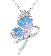 925-Sterling-Silver Butterfly Breast Cancer Necklace - Love and Luck Breast Cancer Awareness Ribb...